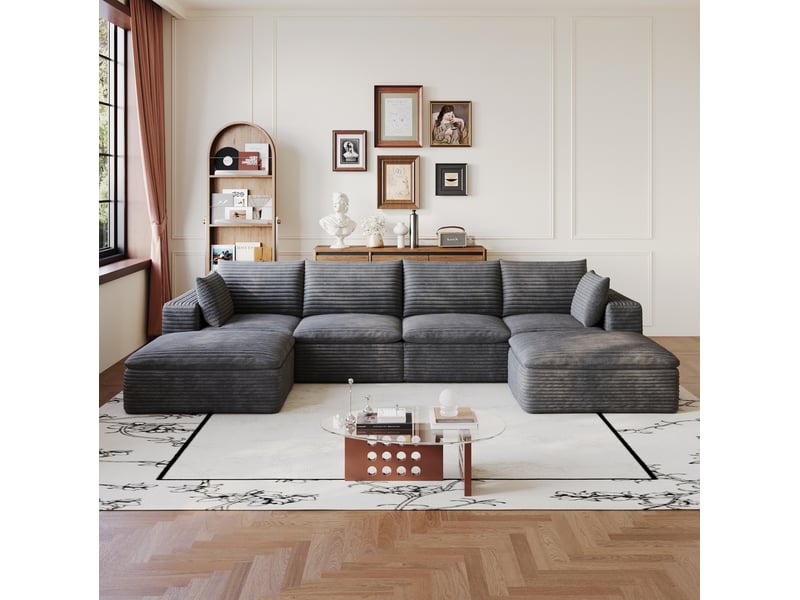 Canapé modulable tcqpz 6 places 340 x 160 x 82 cm en tissu velours côtelé gris foncé coussins amovibles design double couche - Conforama E