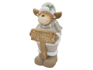 Ecd germany figurine d'élan de noël avec éclairage led, décoration d'intérieur renne avec bonnet écharpe et panneau welcome, 76 cm, fonctionne à piles, statuette décorative en magnésie, marron-blanc