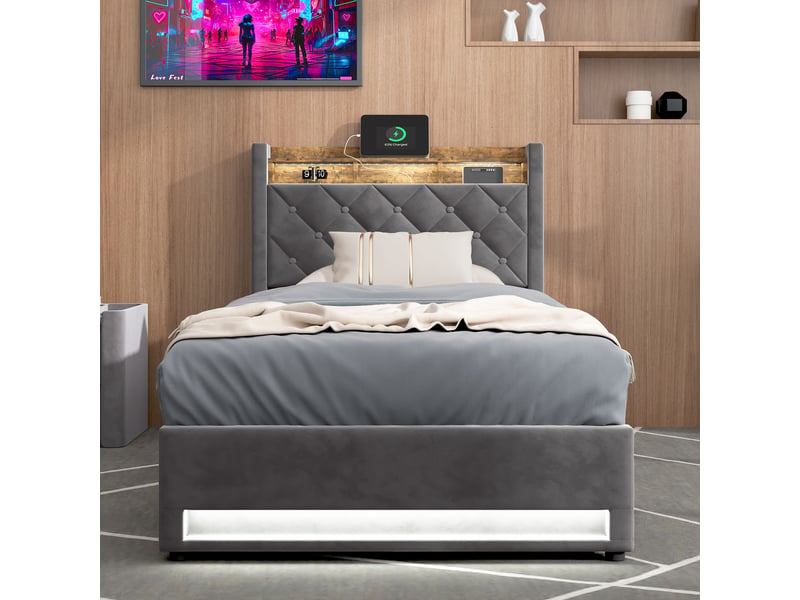  Lit coffre 90x200 cm avec rangement, led et usb, velours gris foncé  - Conforama D