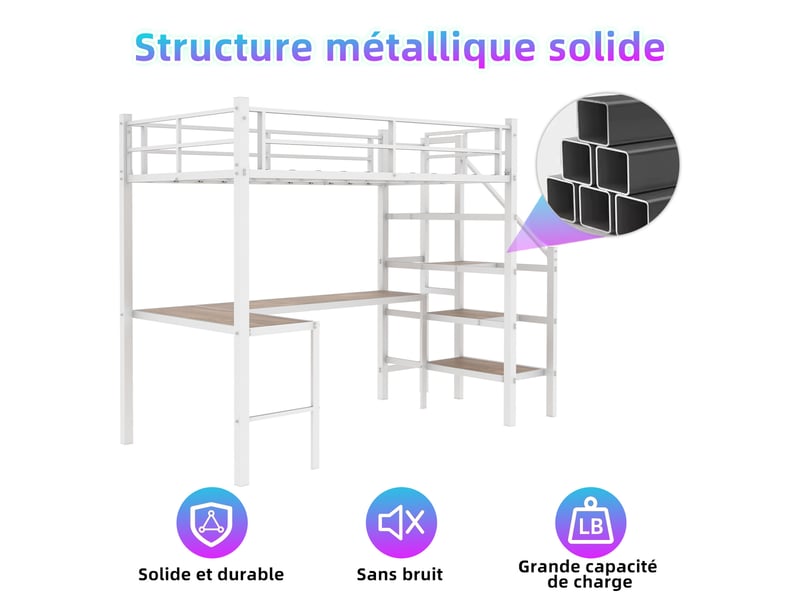  Lit mezzanine métal 90 x 190 cm, avec bureau en l, étagères et escalier de rangement, garde-corps, blanc  - Conforama E