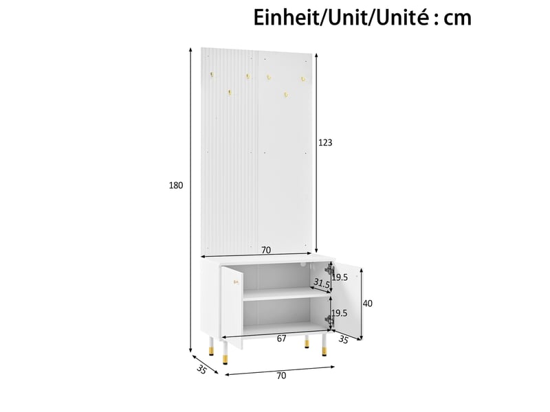  Meubles d'entrée modulaires avec 6 crochets, meuble à chaussures 2 abattants et armoire 2 portes pour hall en mdf blanc  - Conforama D