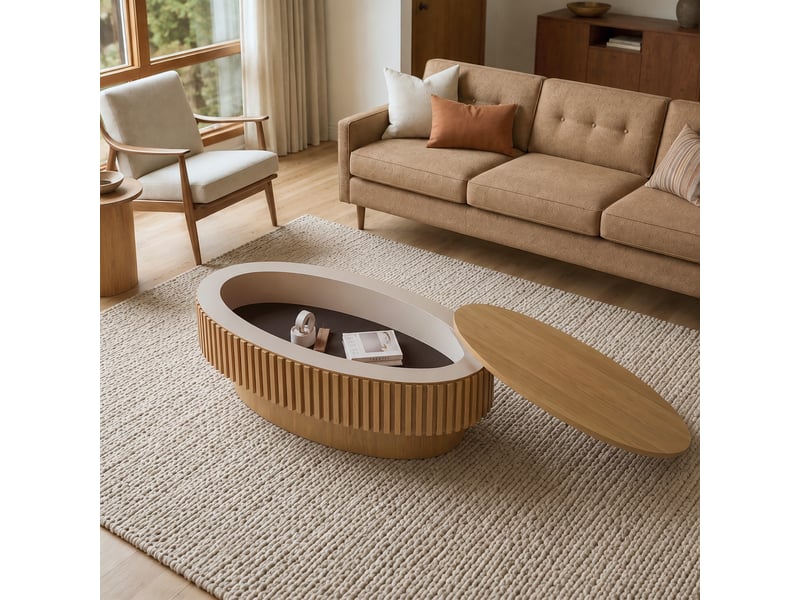  Table basse ovale avec coffre et décor cannelé bois naturel 98 × 60 × 35 cm IKSETERA TRADING LTD - Conforama R