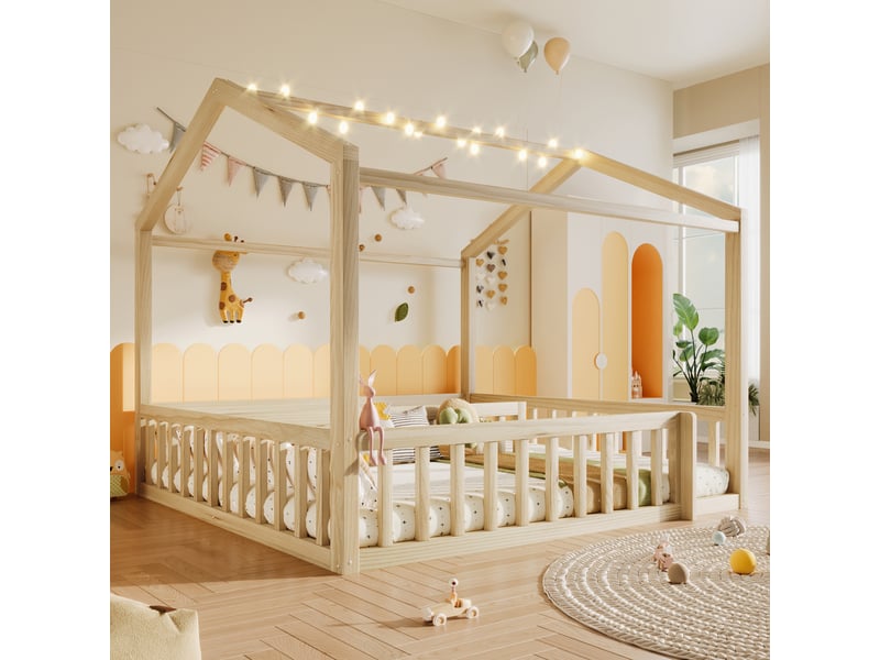  Lit cabane enfant 90 x 190 cm x2 180 x 190 cm effet bois naturel, séparable en 2 lits, led, barrières, pin massif et mdf, style minimaliste  - Conforama C
