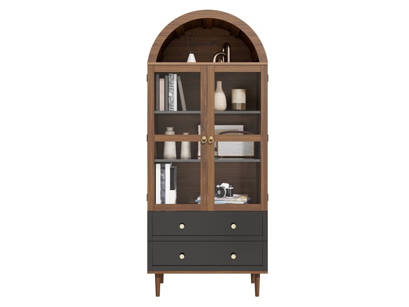 Buffet rétro avec portes en verre bombé, meuble de rangement design avec étagères réglables, couleur noyer, 70x38x165 cm  - Conforama A