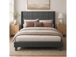 Lit double gris en lin avec sommier à lattes et matelas à ressorts 140 x 200 cm