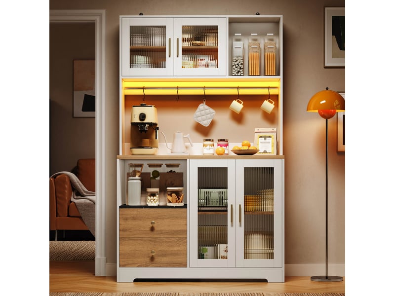  Buffet de cuisine haut avec 4 portes vitrées, 2 tiroirs, led et prises, en mdf blanc et naturel 110 × 40 × 178 cm  - Conforama E