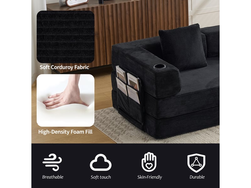  Canapé convertible, canapé-lit, en velours tricoté, noir, poches latérales, porte-gobelets, chambre, pour salon  - Conforama D