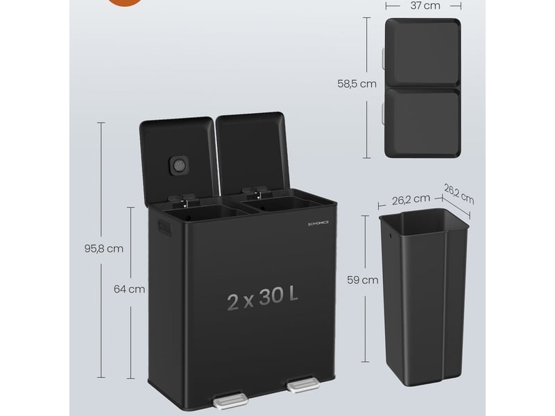  Poubelle de cuisine double avec seaux amovibles 58,5 x 37 x 64 cm usage tri sélectif moderne en acier noir 12_0013099  - Conforama B