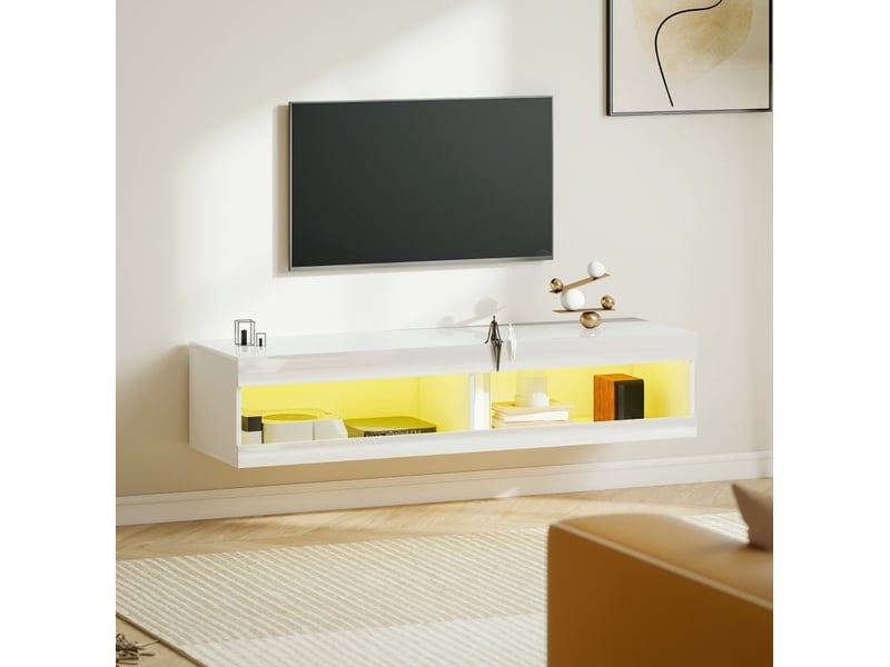  Meuble tv mural led avec 2 niches ouvertes et passe-câbles pour tv 55 à 60 pouces blanc brillant 140 × 40 × 30 cm  - Conforama B