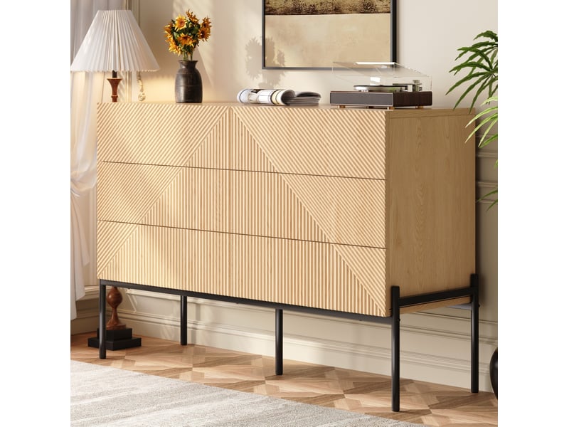  Buffet bas ulevr à 6 tiroirs, rangement 115,5 x 38 x 75 cm, mdf naturel, façade géométrique 3d et pieds en fer noirs  - Conforama D