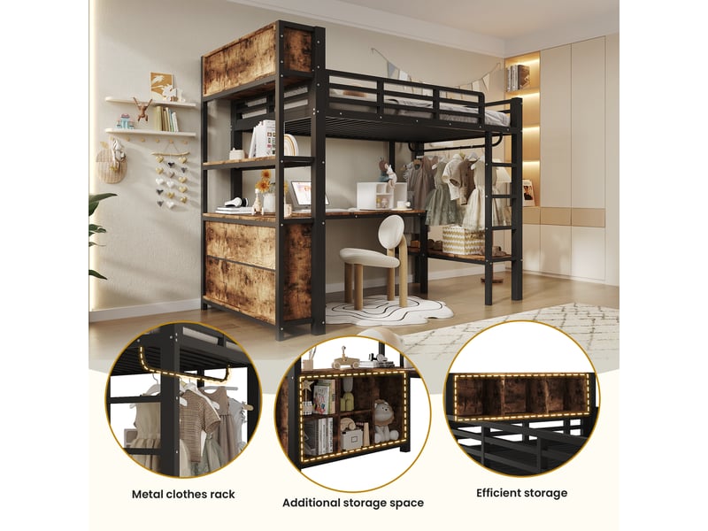 Lit mezzanine, 90 × 200 cm, noir, bureau, penderie, étagères, sans matelas, métal, dimensions 228 × 95 × 190 cm - Conforama D