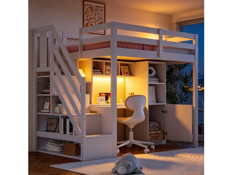  Lit mezzanine 90 × 200 cm avec escalier, rangement, bureau, étagères, led et prises, sans matelas, blanc  - Conforama D