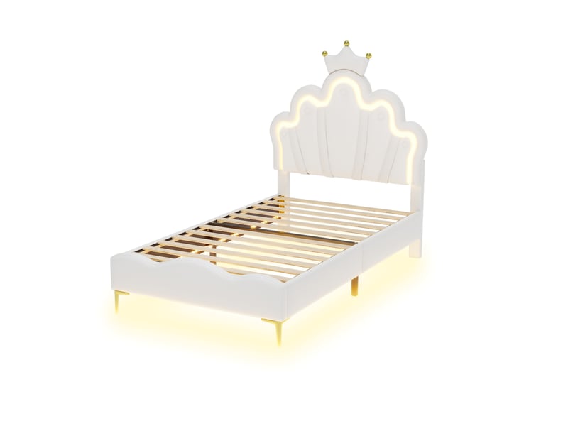 Lit simple 90x200 cm, lit enfant avec rgb led et tête de lit couronne réglable, lit capitonné avec sommier, blanc - Conforama A