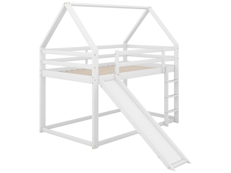  Lit superposé 90x200cm - avec toboggan - lit superposé enfant - forme cabane, blanc, pin massif, échelle interchangeable  - Conforama A