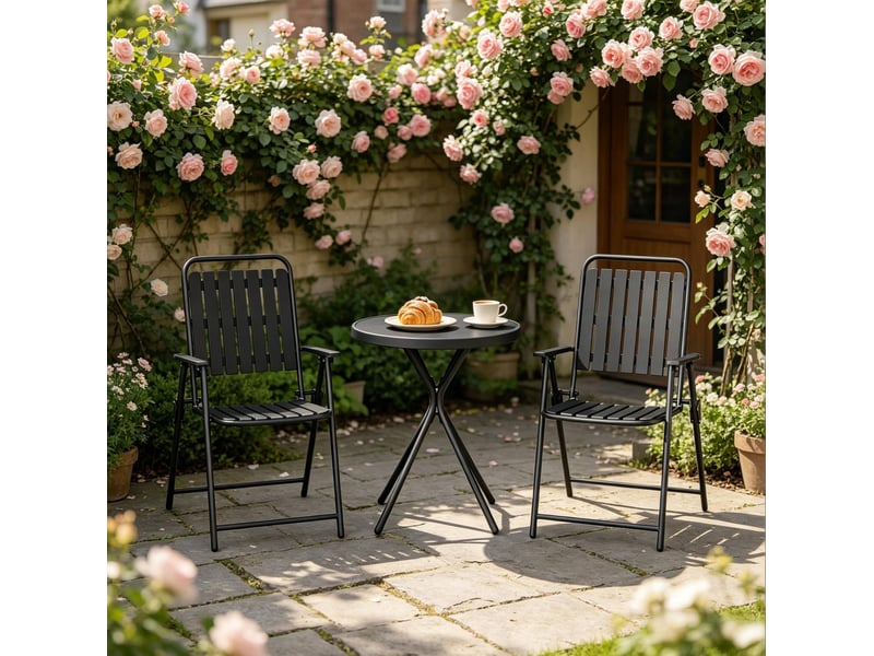 Salon de jardin pliant 3 pièces ø50x70 cm – noir – table en verre, 2 fauteuils pliants avec accoudoirs - Conforama D
