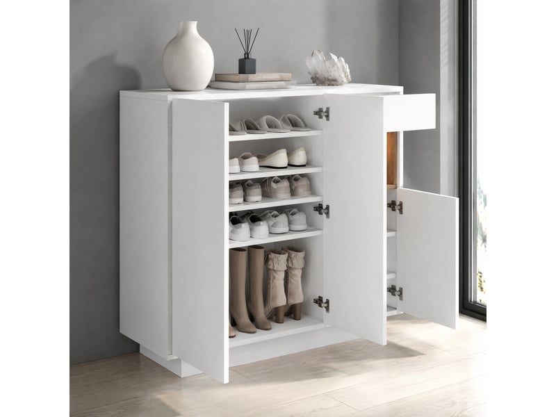  Meuble à chaussures tcqpz 105 x 39,5 x 100,5 cm 1 tiroir led 16 couleurs étagères réglables blanc et naturel en panneau de particules  - Conforama B