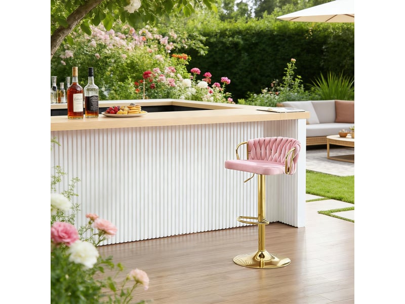  Tabouret de bar pivotant réglable en hauteur avec dossier et accoudoirs, assise rembourrée en velours rose  - Conforama C
