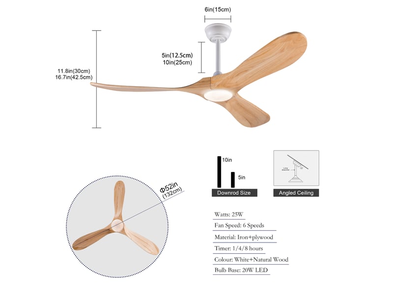 Ventilateur de plafond 132 cm éclairage led 3 couleurs dimmable 3 pales bois massif naturel et blanc réversible 6 vitesses - Conforama E