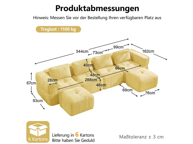 Canapé panoramique en u modulable 4 places avec 2 poufs, mousse 32d et base antidérapante en polyester jaune - Conforama C