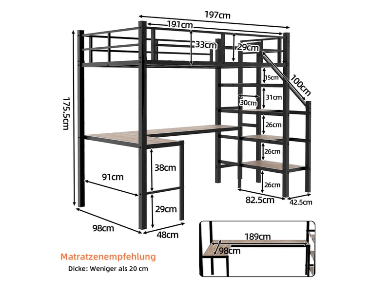  Lit mezzanine 90 × 190 cm 1 place avec bureau, étagères, rangement et escalier, sans matelas, en fer, noir  - Conforama D