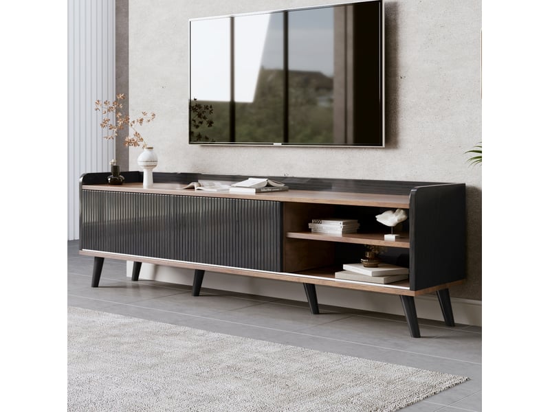  Meuble télévision bas 160x40x58 cm 2 portes coulissantes, 2 tiroirs, pieds bois, panneau particules e1, noir et bois  - Conforama B