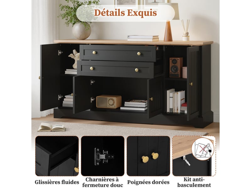  Commode 4 portes et 2 tiroirs, 160 x 38 x 78,5 cm, tablettes ajustables, poignées en fer, design contemporain à lamelles, noir  - Conforama E