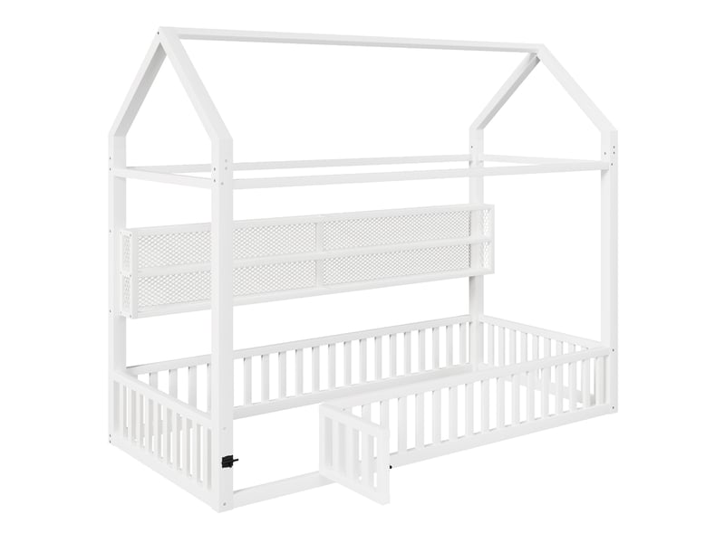 Lit cabane enfant 90x200 cm avec barrière, lit enfant en métal blanc, sans matelas  - Conforama D