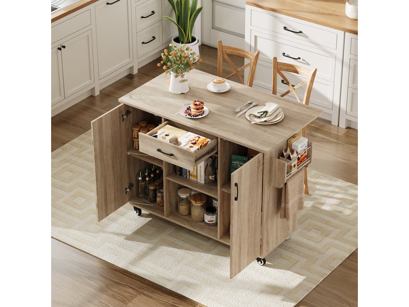  Desserte de cuisine mobile avec plan de travail rabattable et rangement - lpospi - 5 roulettes, mdf chêne sonoma  - Conforama C