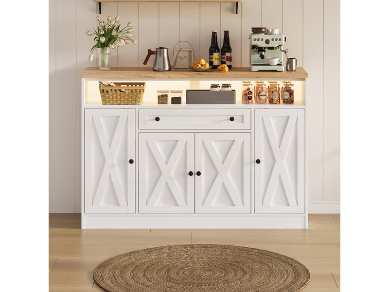 Buffet led avec tiroir, rangements de porte et 4 portes grange, 140 x 35 x 95 cm - Conforama B