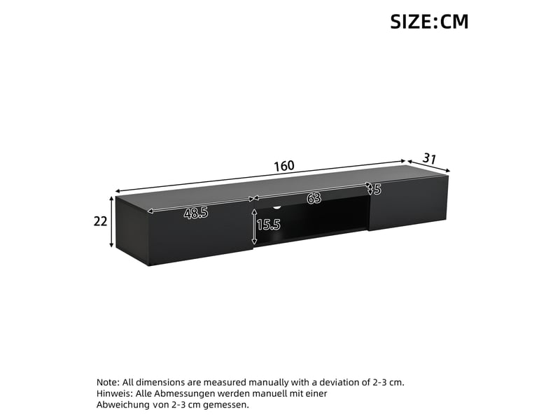  Meuble tv suspendu 160x31x22 cm avec éclairage led, 2 portes, noir  - Conforama E