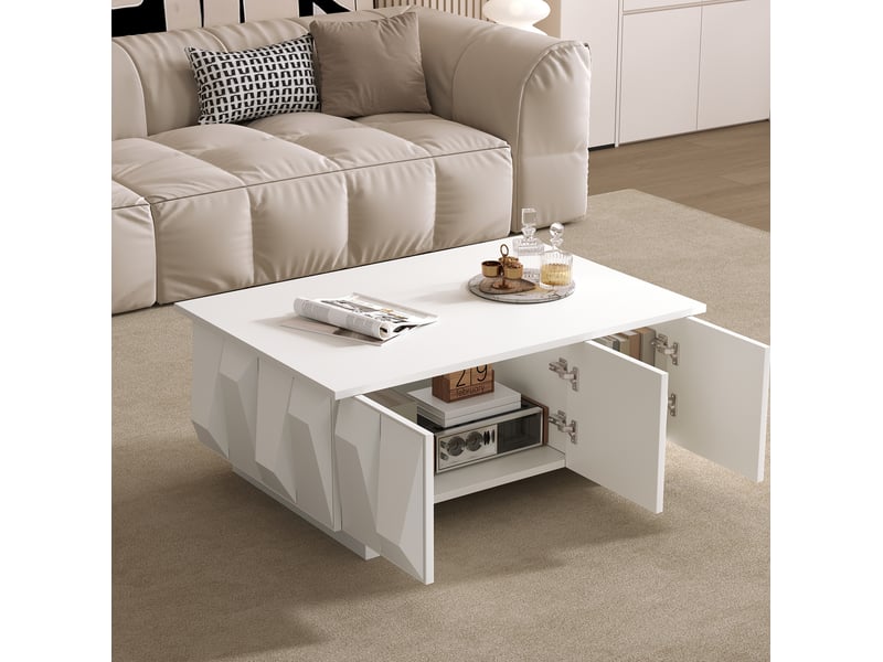  Table basse 95x67x39,5 cm avec rangement, façades 3d, panneau de particules, blanc  - Conforama E