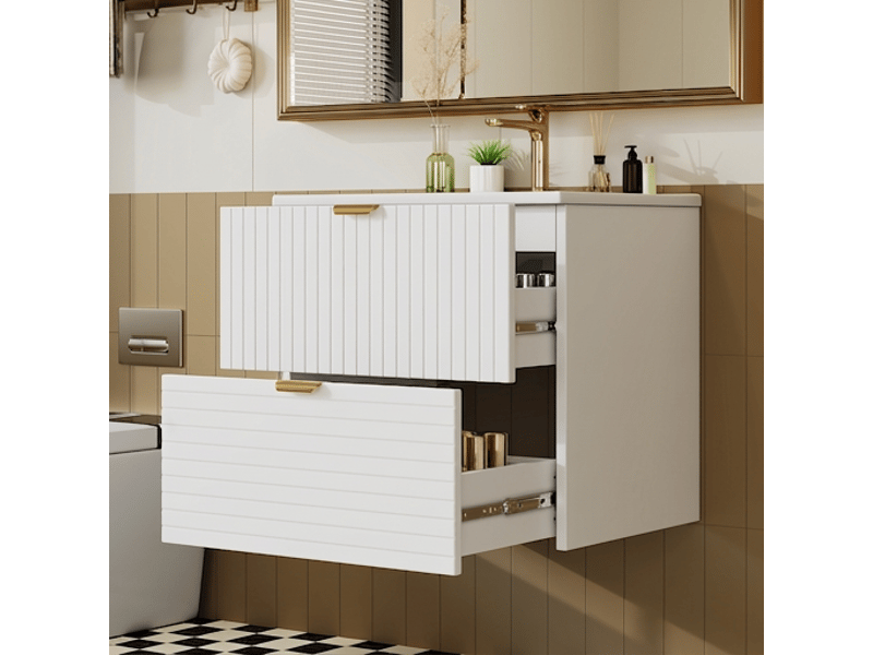  Meuble salle de bain suspendu meuble vasque blanc 61 cm mdf laqué avec 2 tiroirs silencieux  - Conforama B
