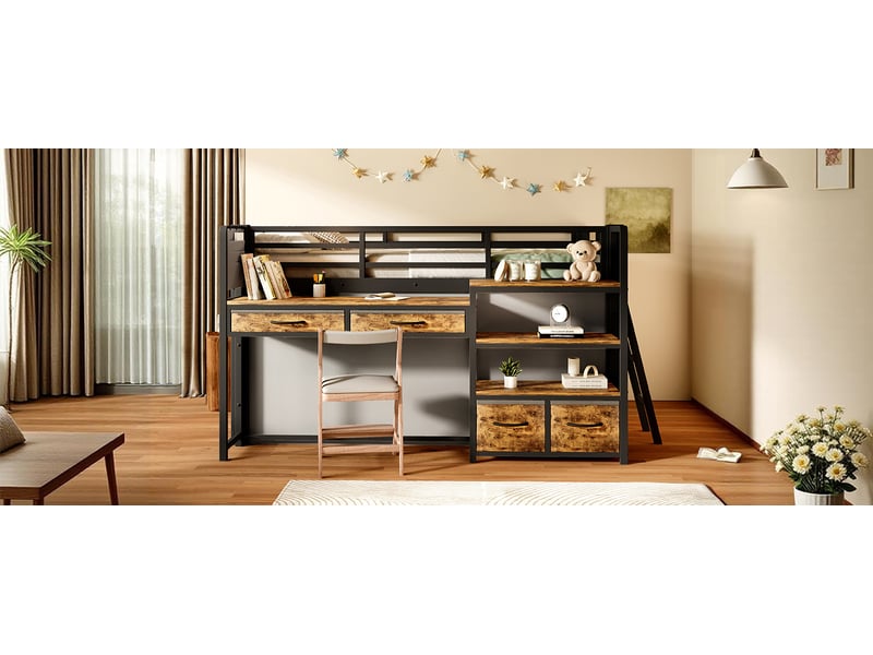  Lit superposé 140x200 cm noir métal avec bureau rangements tiroirs tissu rideau étagères led Sol Morn - Conforama B