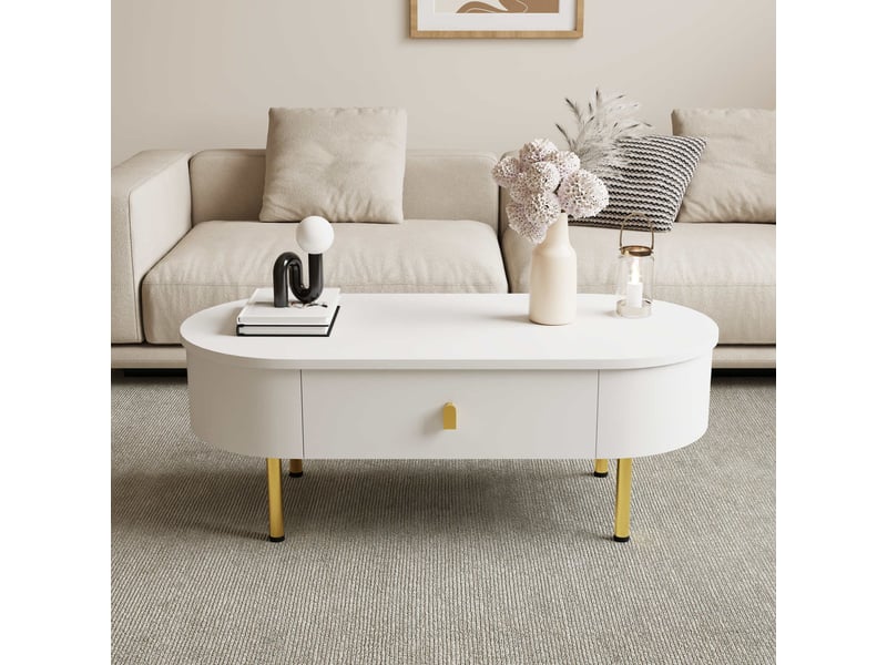  Table basse de salon 108x50x40cm, table ovale, 2 tiroirs, poignées et pieds dorés, style simple, mdf, blanc  - Conforama B