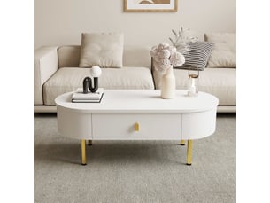Table basse de salon 108x50x40cm, table ovale, 2 tiroirs, poignées et pieds dorés, style simple, mdf, blanc