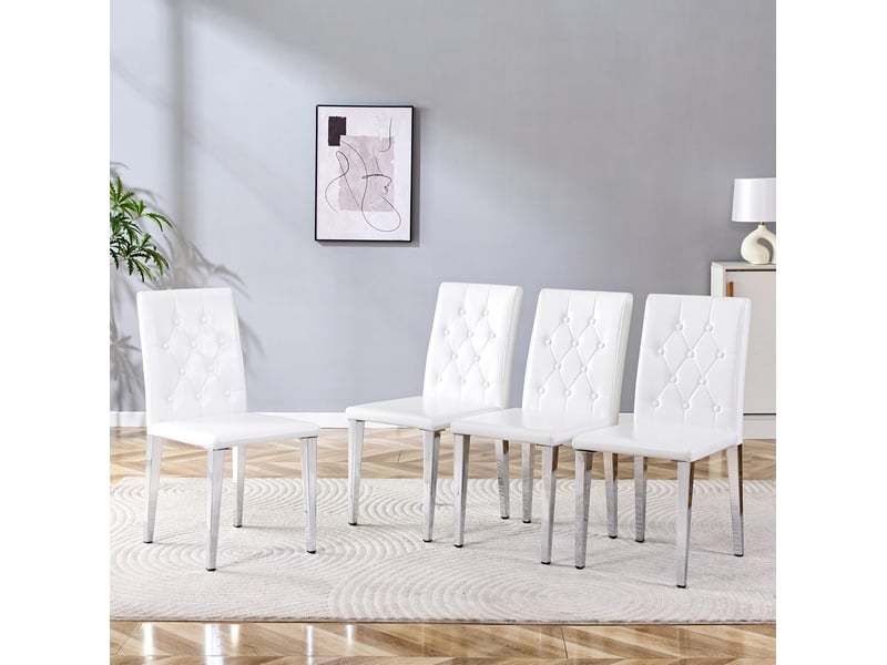  Lot de 4 chaises de salle à manger 89 cm, chaise de cuisine, dossier à piqûres losanges, métal argenté, confort, pu blanc  - Conforama D