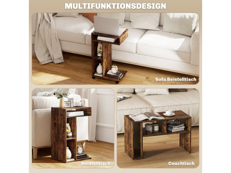  Console en c avec 3 niches, 4 roulettes et 2 freins, pour salon et chambre, 40×30×69 cm, bois rustique  - Conforama E