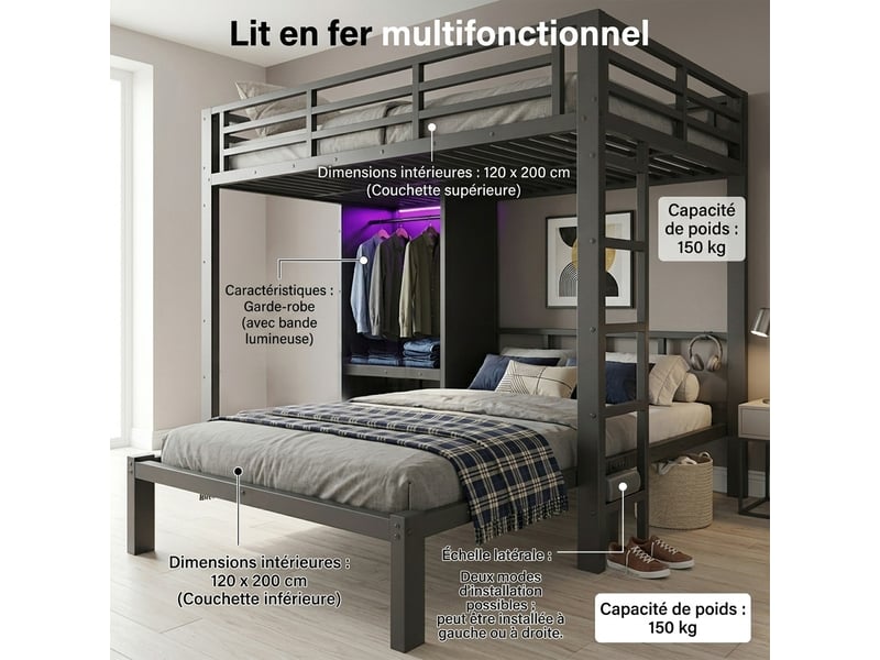 Lit superposé 120x200 cm en métal avec armoire intégrée, éclairage led, échelle droite et rangement - noir - Conforama D