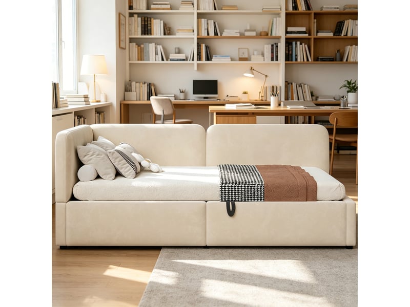  Lit banquette, 90 x 200 cm, pour chambre, dossier réversible, matelas non inclus, mdf et métal et bois, coloris beige  - Conforama B
