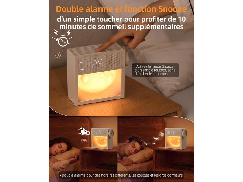  Réveil simulateur d’aube, lumière de réveil, chevet, bruit blanc  - Conforama D