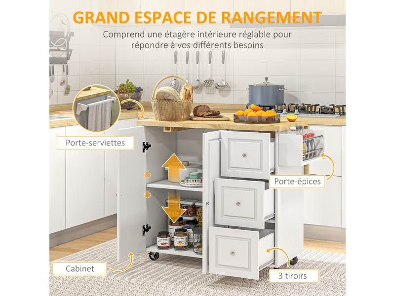  Desserte îlot de cuisineplateau rabattable 3 tiroirs 1 placard porte-torchons et porte-épices blanc 111,5 x 75 x 89 cm  - Conforama E