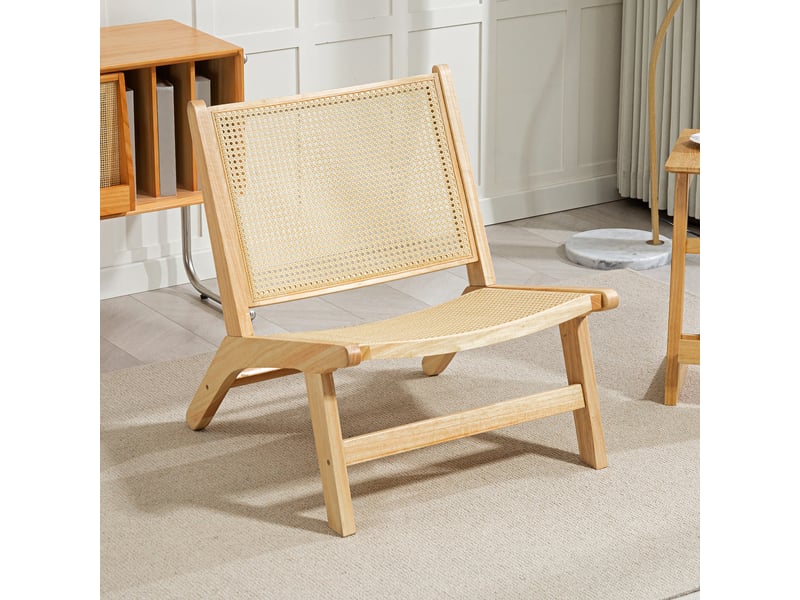  Fauteuil de salon avec dossier et large assise en rotin, structure en bois pour chambre ou salon, couleur naturelle  - Conforama C