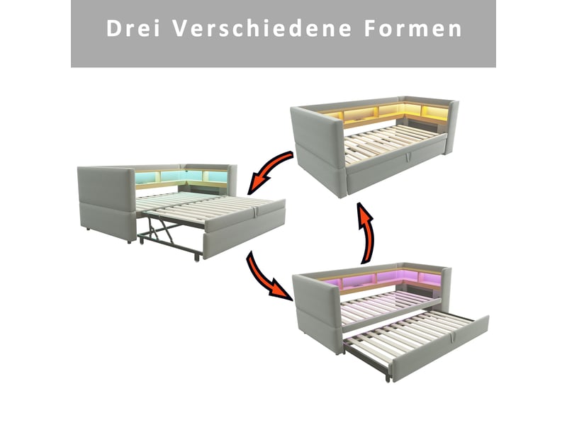  Lit banquette rembourré extensible 90x190 à 180x190 cm avec rangements, led multicolore, prises électriques, sommier à 24 lattes, flanelle gris clair Radiant Stride - Conforama E