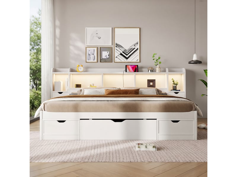  Lit adulte 180 x 200 cm, avec tête de lit dotée d'un espace de rangement, de tiroirs, d'une lampe led et d'un port usb, noir  - Conforama B