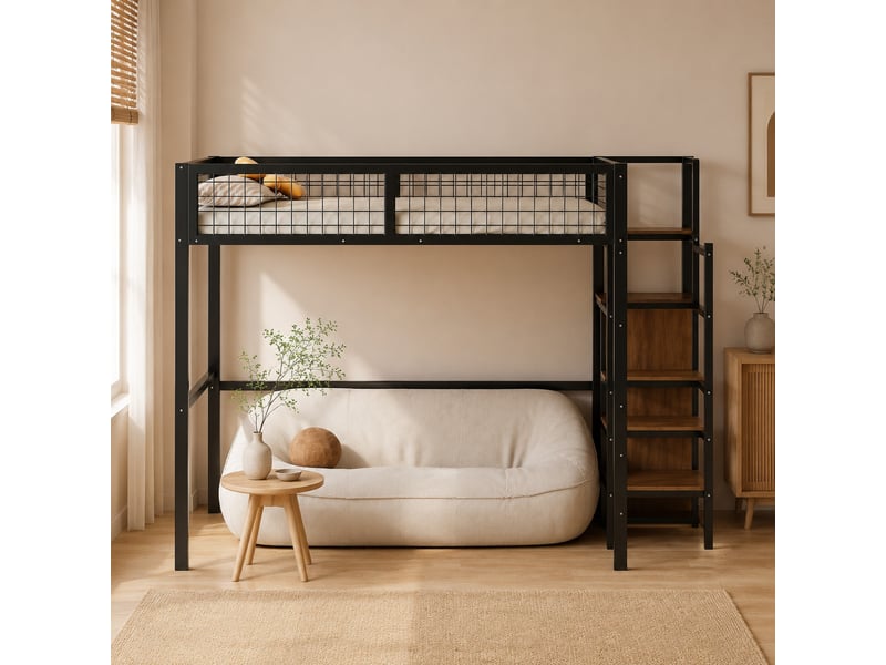 Lit mezzanine enfant 200×140 cm avec échelle, armoire sous l’échelle et garde-corps, sans matelas, en mdf et métal noir - Conforama C