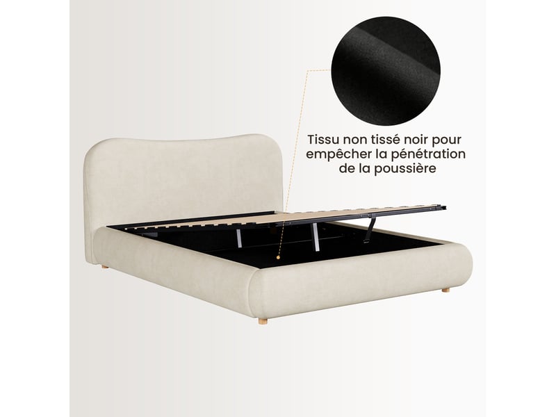  Lit rembourré, lit double, 160 x 200 cm, sommier à lattes, tête de lit rembourrée avec grand espace de rangement, pieds de lit en bois massif, revêtement en chenille beige  - Conforama D