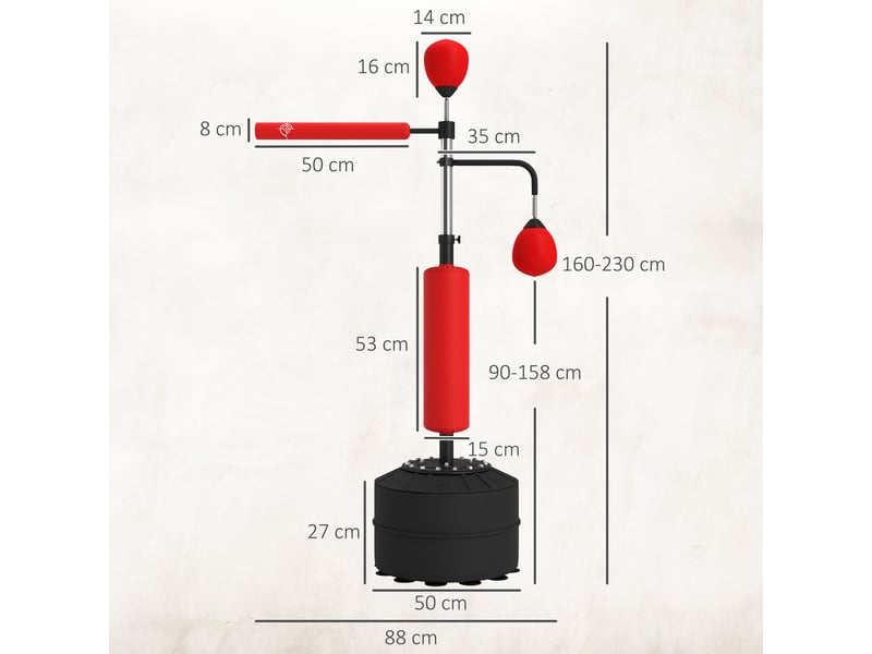 Sac de frappe autoportant réglable en hauteur avec barre rotative à 360°, 2 balles et base rechargeable 88 x 50 x 160-230 cm rouge - Conforama E