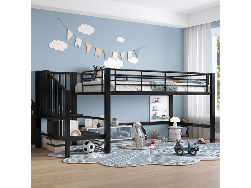  Modenvie lit mezzanine mi-hauteur 90x200 cm - escalier de rangement, sommier inclus - noir  - Conforama B
