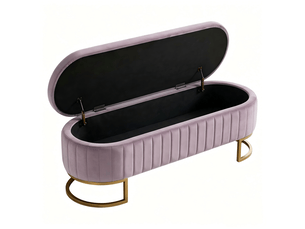 Bout de lit coffre de rangement en velours rose pieds métal doré 129.5 cm