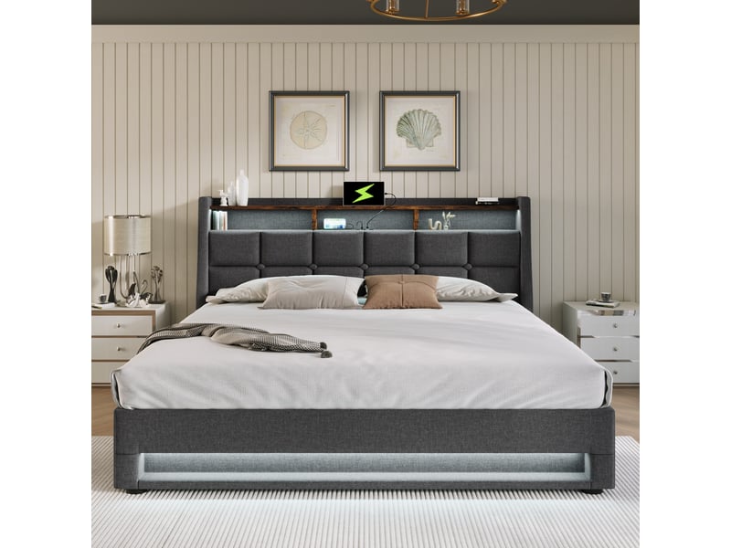  Lit coffre 140x200cm avec éclairage led, port usb, élégant et tendance, style moderne, incluant un matelas, lin, gris  - Conforama B